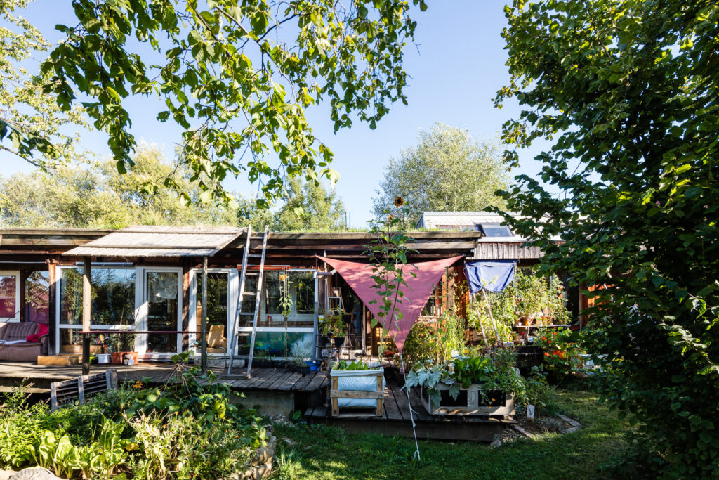 Foto der Zimmerreihe im Südgarten. Eine Reihe Zimmer mit ihren Terrassen, die mit Pflanzen und kleinen Beeten bestellt sind