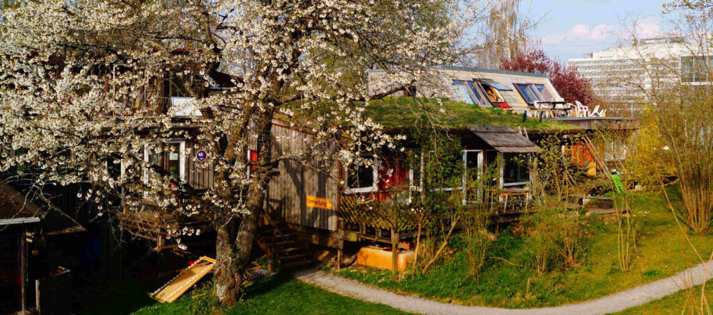 Aufnahme des Häusles aus dem Südgarten. Ein Holzbau mit Veranda und eine großer Kirschbaum